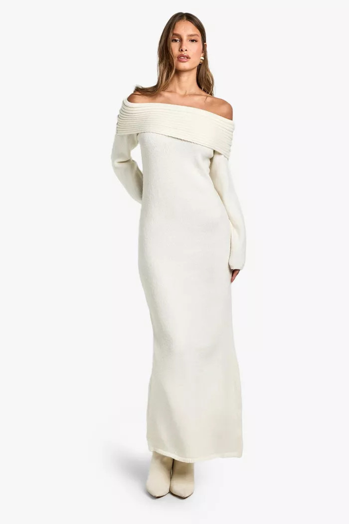 Premium Oversized Rib Off The Shoulder Neckline Soft Knit Sweater Dress | boohoo (US & Canada)
