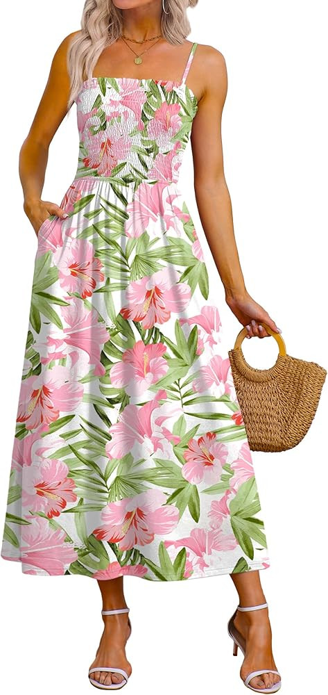 OFEEFAN Womens Spaghetti Strap Maxi Dresses Smocked with Pockets 2026 Summer Spring Casual Boho B... | Amazon (US)