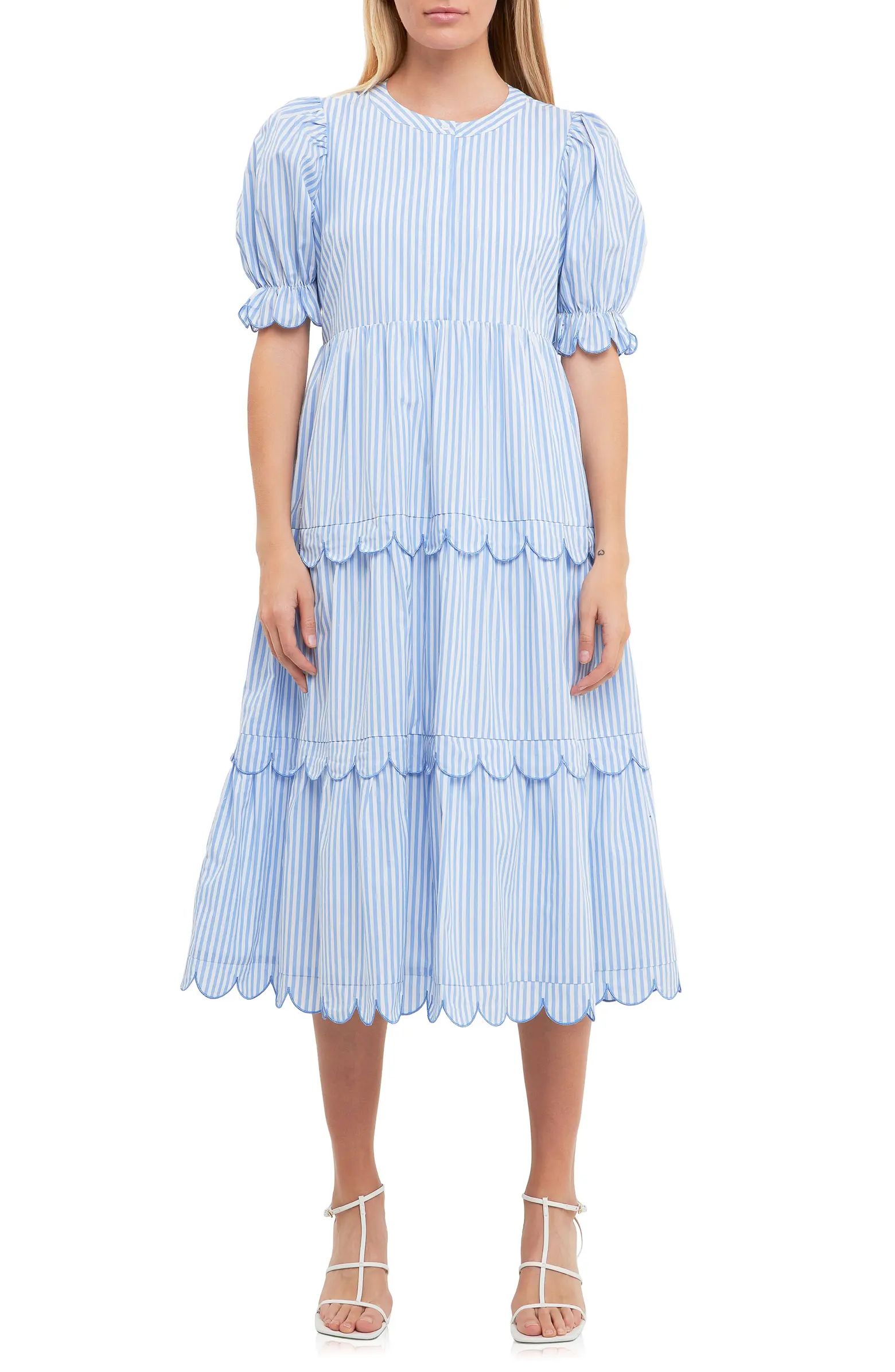 Stripe Scallop Edge Tiered Midi Dress | Nordstrom