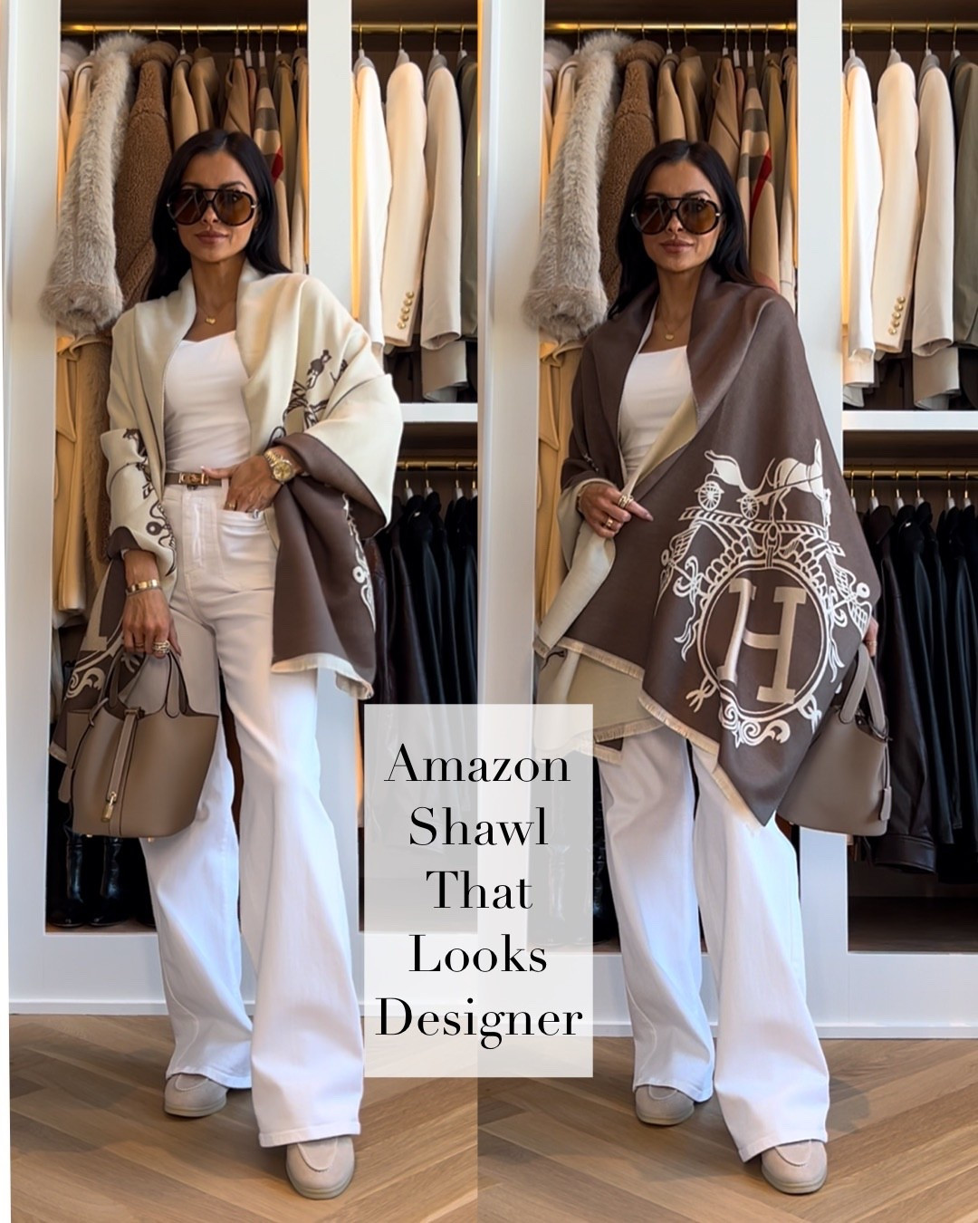 An Amazon shawl that truly looks designer. The oversized silhouette, luxe weight, and classic equestrian inspired print make it feel high end and timeless. I love how the reversible neutral tones instantly elevate a simple white tank and wide leg denim, adding that polished, layered look without trying too hard. It is the perfect travel wrap, lightweight layer, and statement accessory all in one. Such a chic luxe look for less piece.

MiaMiaMine Amazon shawl designer inspired wrap luxe look for less equestrian print shawl neutral layering piece oversized wrap women chic fall outfit elevated everyday style travel wrap scarf Hermes inspired shawl classic neutral wardrobe statement accessory

#LTKOver40 #LTKWorkwear #LTKTravel