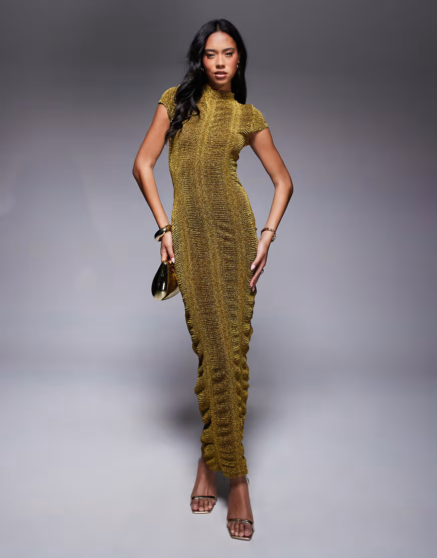 ASOS DESIGN ribbed glitter cap sleeve midi bodycon dress in gold | ASOS (Global)