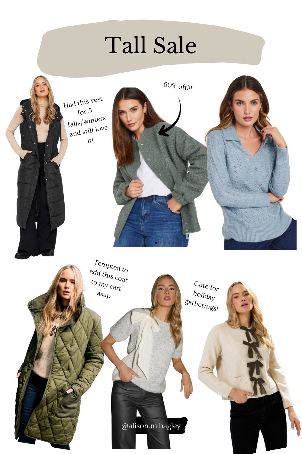 Tall clothing on sale!!! 

Vest, quilted coat, bow cardigan, boucle bomber jacket, knitwear, fall outfits, winter outfits 

#LTKSaleAlert #LTKFindsUnder50 #LTKTall