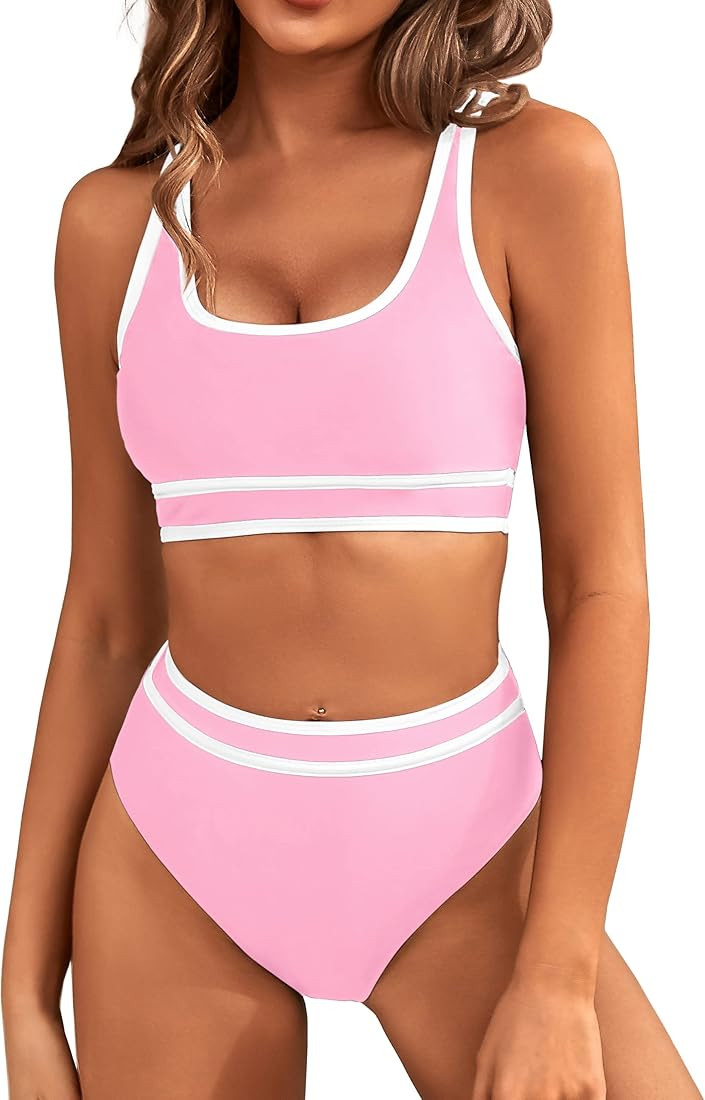 BMJL Women's High Waisted Bikini Sets Sporty Two Piece Swimsuit Color Block Cheeky High Cut Bathi... | Amazon (US)