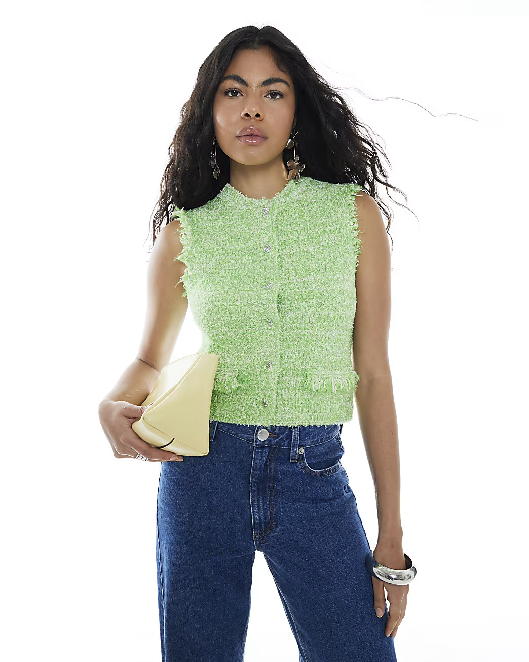Green Boucle Fringed Waistcoat | River Island UK & IE