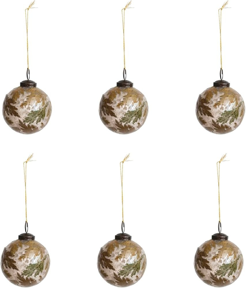Creative Co-Op Round Glass Ball Ornament with Embedded Leaves, Antique Silver Finish, Set of 6 | Amazon (US)