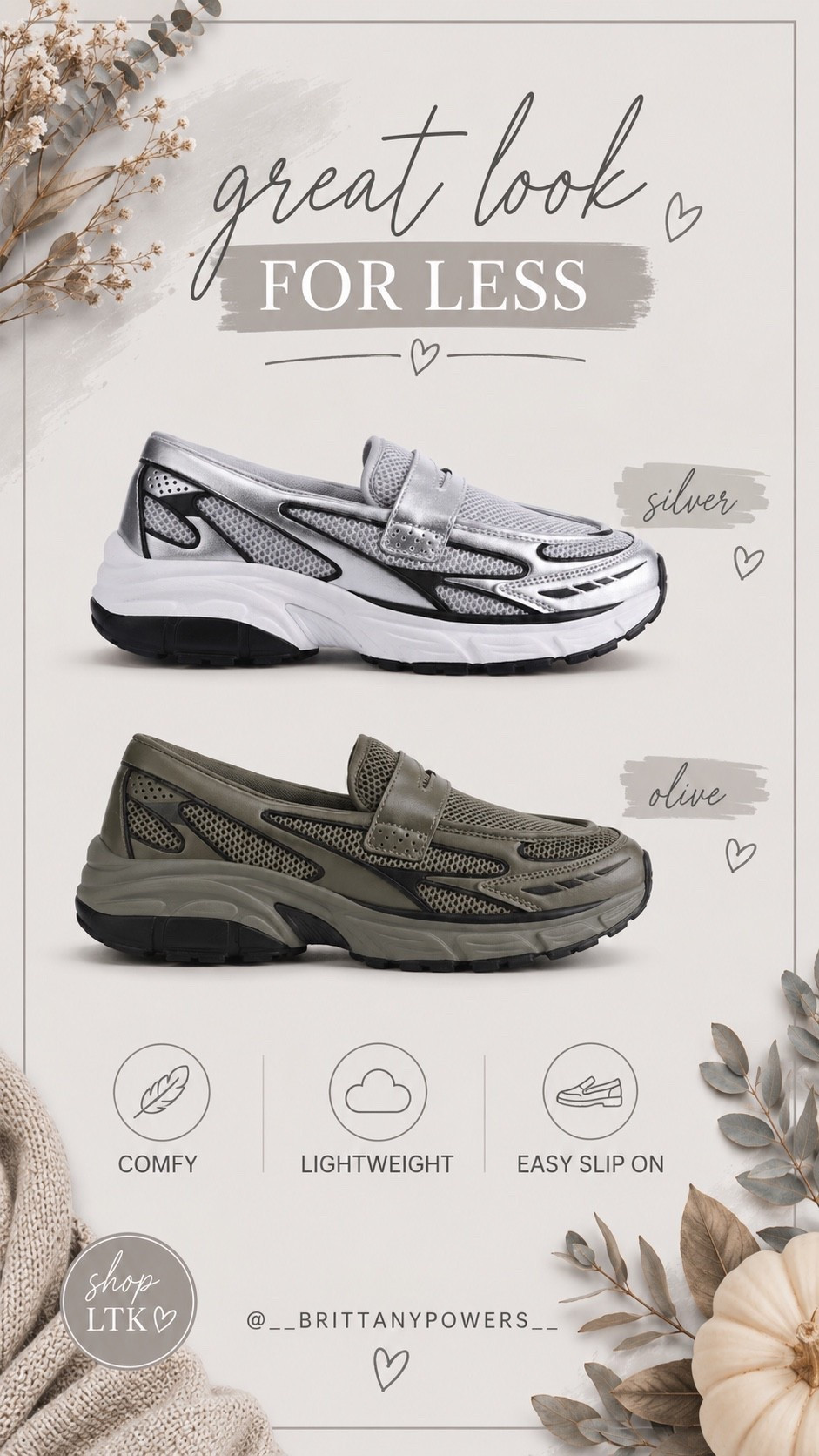 A sporty little look-for-less find! 🤍🩶 These loafers come in the prettiest silver + olive and are perfect for everyday wear. So cute with jeans, leggings & more! 🍂
