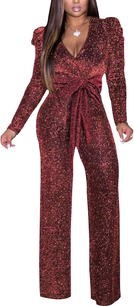 HugeNice Sexy Jumpsuits for Women Elegant Clubwear Party Deep V Neck Wide Leg Pants Rompers with ... | Amazon (US)