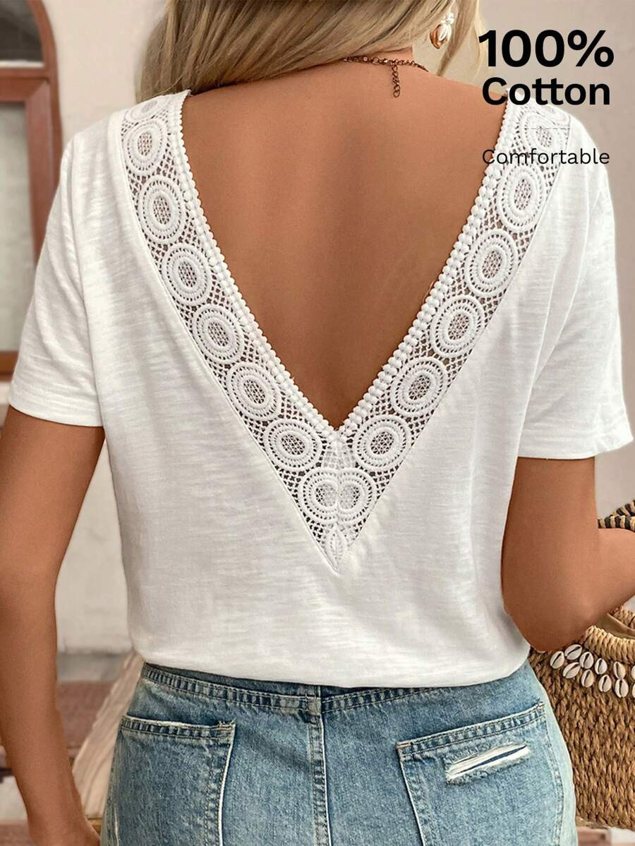 SHEIN Frenchy Top com Recorte de Renda Sem Costas, Camisa T, Branco Imprescindível, Terno de Ver... | SHEIN
