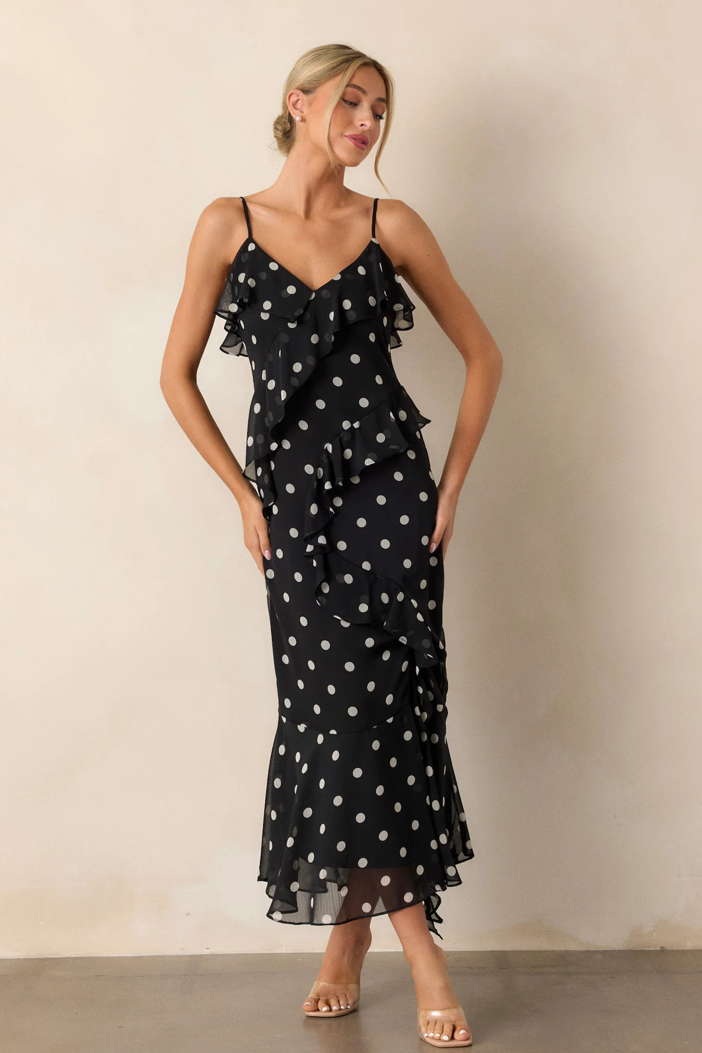 Mystic Moon Black Polka Dot Ruffle Maxi Dress | Red Dress