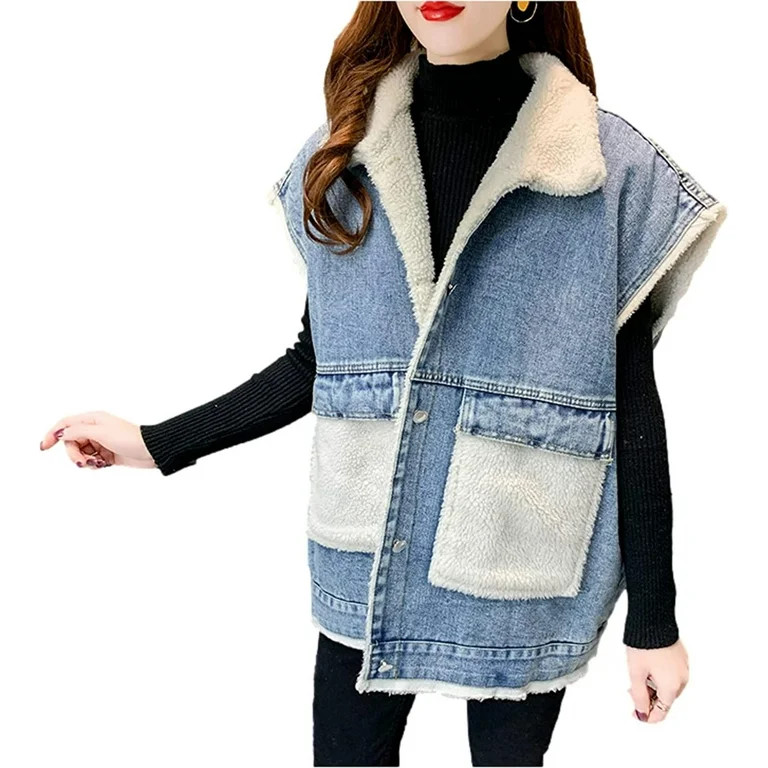 Womens Sherpa Fleece Patchwork Denim Vest Casual Wool Liner Sleeveless Jean Outwear Gilet Jacket ... | Walmart (US)