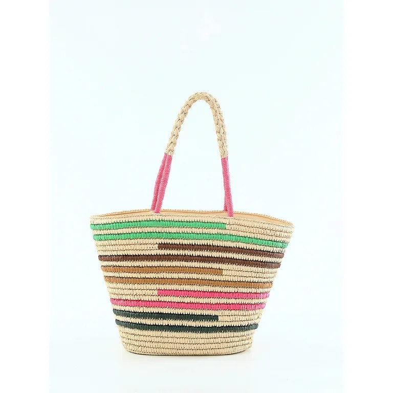 Time and Tru Women's Multstripe Straw Beach Tote Bag | Walmart (US)