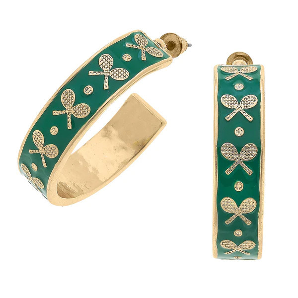 Briar Tennis Racquet Enamel Hoop Earrings in Green | CANVAS