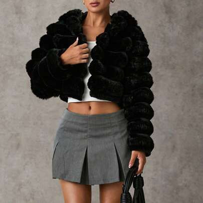 Women's Winter Solid Color Long Sleeve Faux Fur Fashion Jacket Winter Women's Coat Black Textured Striped Hooded Fur Coat Suitable For Travel And Dail | SHEIN