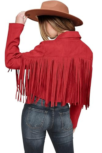 PRETTYGARDEN Women's Fringe Faux Suede Leather Jackets,Red,XXL | Amazon (US)