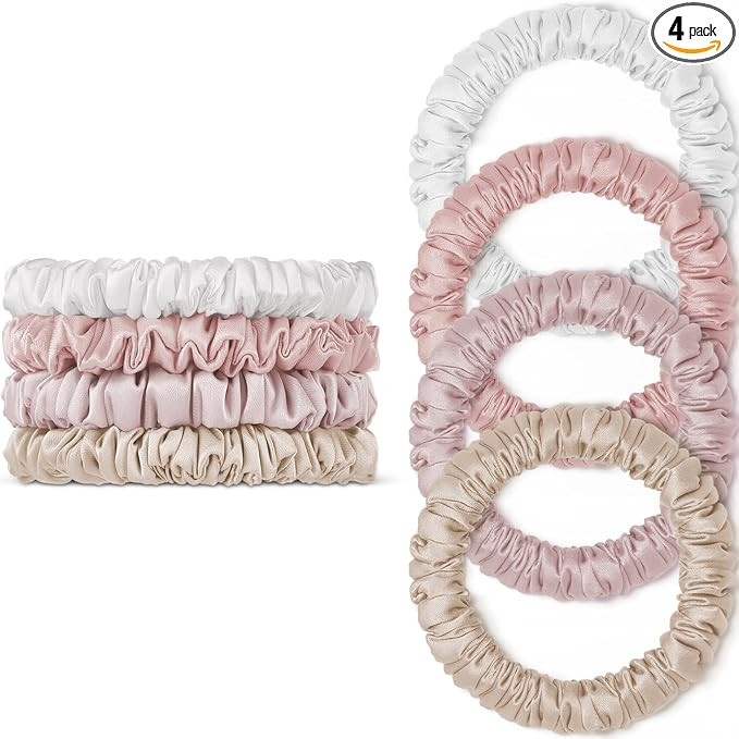 Scrunchies Hair Ties Silk Satin Scrunchy, WantGor Women 4PC Pure Mulberry Silk Skinny Elastic Scr... | Amazon (US)