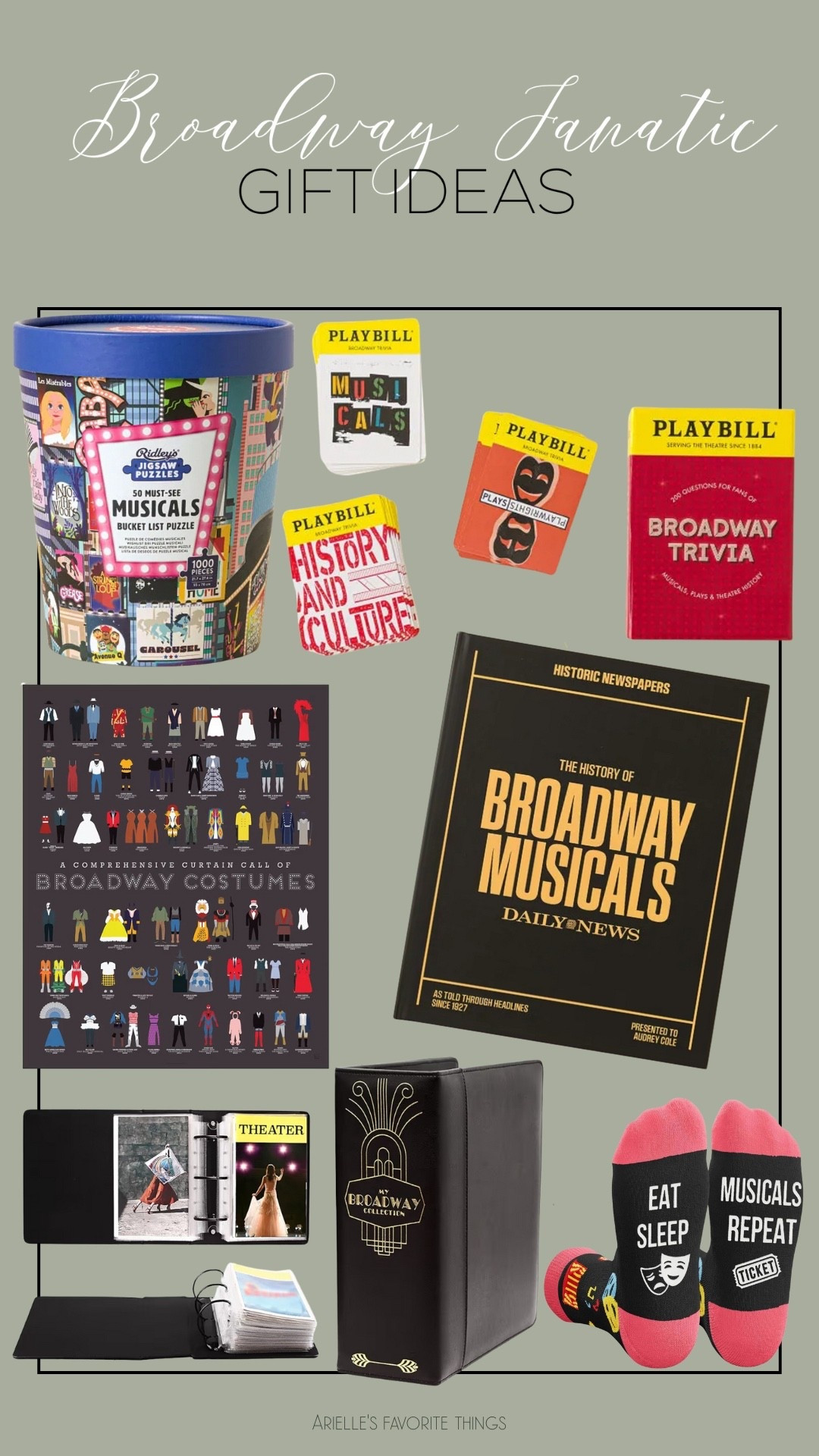 Broadway Fanatic Gift Ideas 

If you’re shopping for a true theatre lover (or treating yourself!), these picks are absolute show-stoppers. I rounded up my favorite Broadway-themed gifts—from cozy “Eat, Sleep, Musicals, Repeat” socks to the ultimate Playbill binder that keeps every show memory beautifully organized.

I also included a Broadway trivia game for fun playbill-night challenges, a must-see musicals puzzle that’s perfect for cozy winter evenings, and the most charming Broadway costume poster for any wall or gallery setup. These gifts are thoughtful, unique, and perfect for anyone who can’t resist a curtain call. 🎭

#theater #broadway #giftguide

#LTKGiftGuide #LTKHoliday