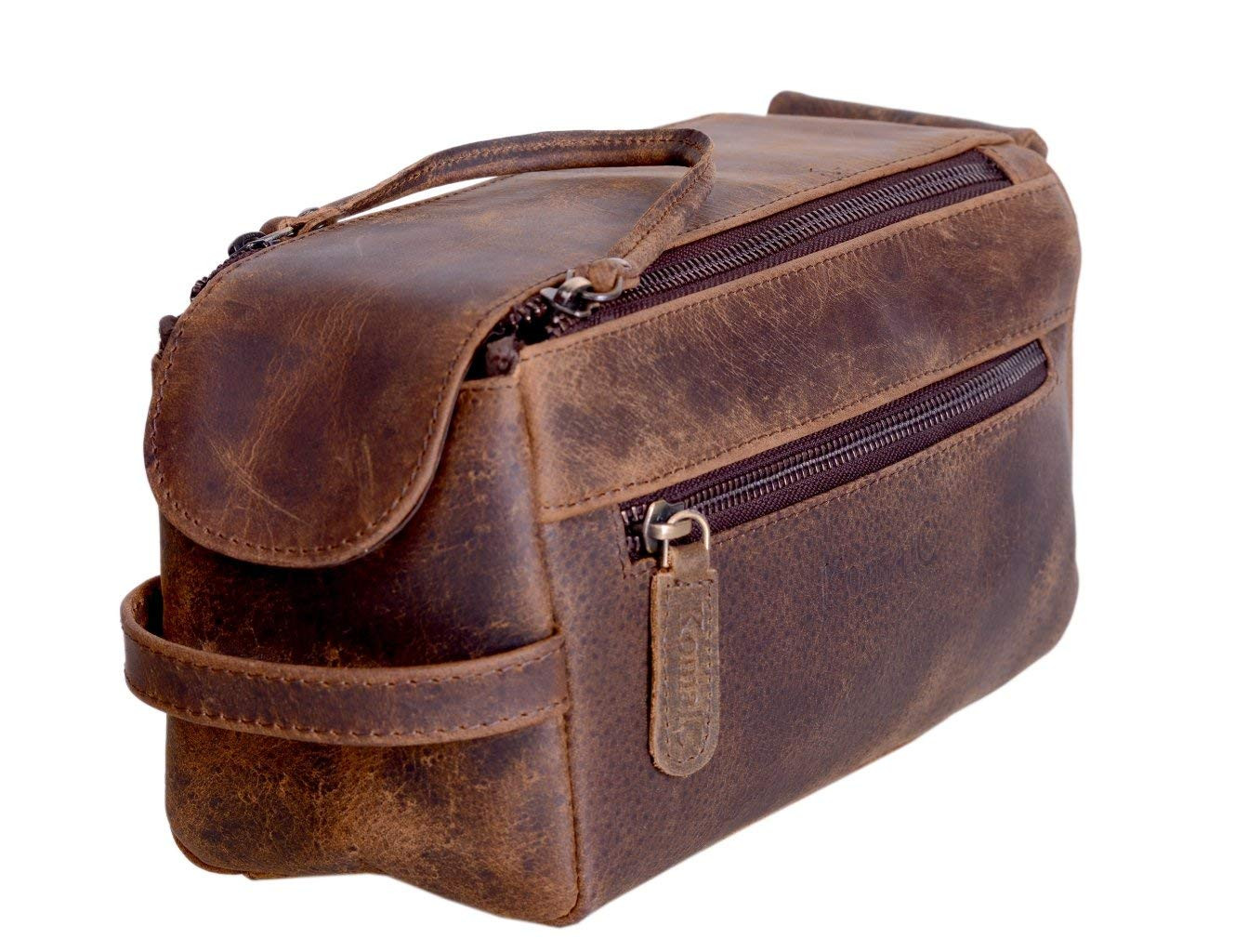KOMALC Genuine Buffalo Leather Unisex Toiletry Bag Travel Dopp Kit (Distressed Tan) | Amazon (US)