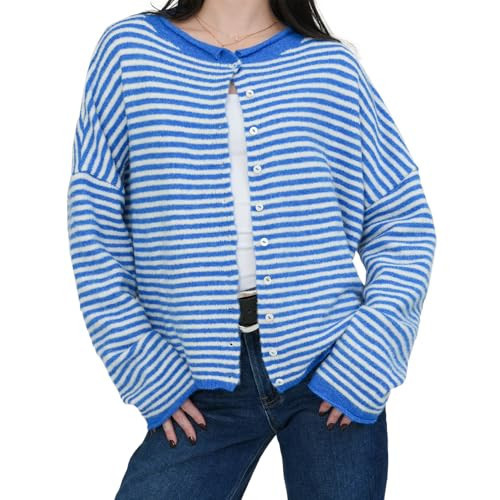 Talakeno Womens Striped Cardigan Sweater Open Front Button Down Cropped Cardi Casual Long Sleeve Cable Knit Sweater(Blue,L) | Amazon (US)