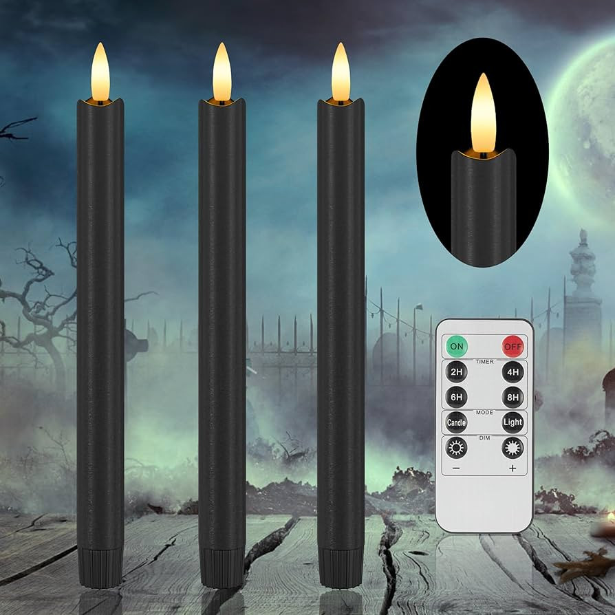 Black Flameless Taper Candles with Remote, 9.6" Halloween Battery Operated Candles 3D Wick, 3 Pac... | Amazon (US)