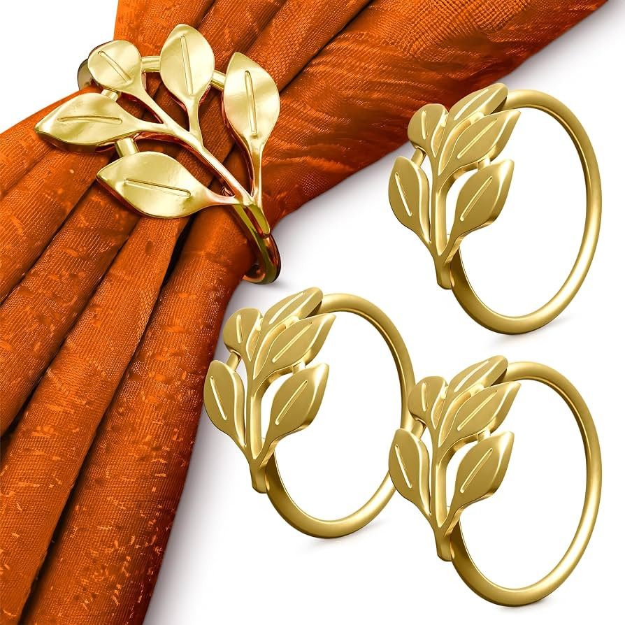 Gold Napkin Rings Set of 12, Metal Leaf Serviette Buckles | Amazon (US)