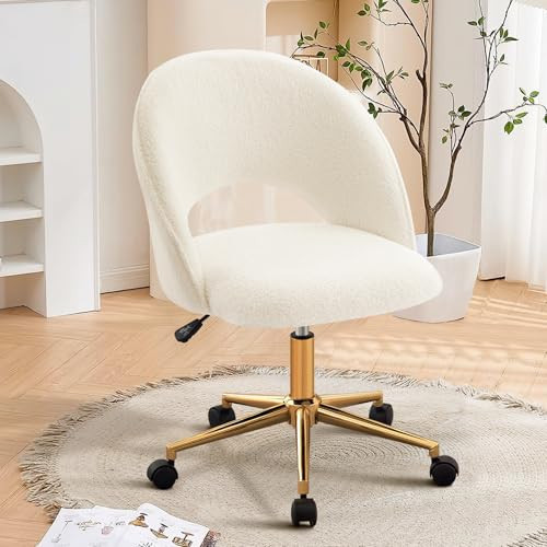 Vanity Chair with Back, Cute Office Desk Chair with Wheels for Girls, Upholstered Armless Accent Chair with Gold Metal Height Adjustable Soft Sherpa Fabric for Living Room/Makeup Room/Bedroom,White | Amazon (US)