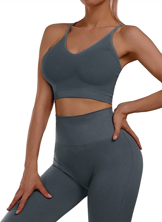 Sportneer Workout Set Women 2 Piece Ribbed Seamless Y-back Longline Sports Bra & High Waist Short... | Amazon (US)