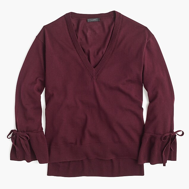 Merino V-neck sweater with drawstring sleeves | J.Crew US