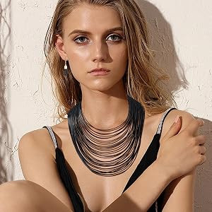 Kiszu Women Multi Layer Choker Necklace Chunky Wax Line Bib Necklace Statement Jewelry Pendent Ha... | Amazon (US)