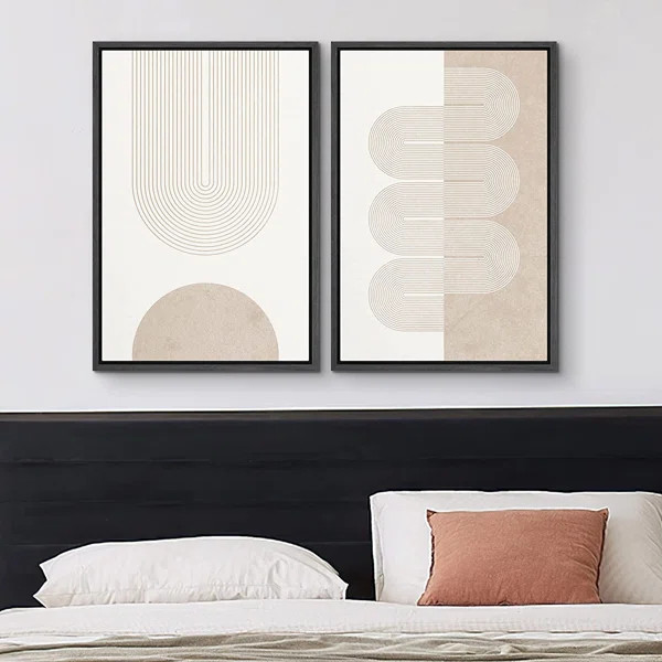 Pastel Tan White Geometric Wave Ribbons - 2 Piece Floater Frame Graphic Art Set on Canvas | Wayfair North America
