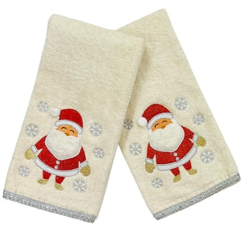 Christmas Bathroom Hand Towels- Set of 2 Beige Ivory 100% Cotton Embroidered Santa with Furry Beard and Sparkles Design - 16” x 25” Decorative Bath & Kitchen Towels | Amazon (US)