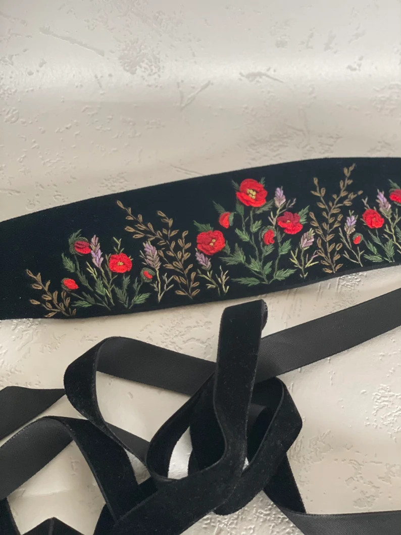 Black Hand-embroidered Velvet Belt flower embroidery belt | Etsy | Etsy (UK)