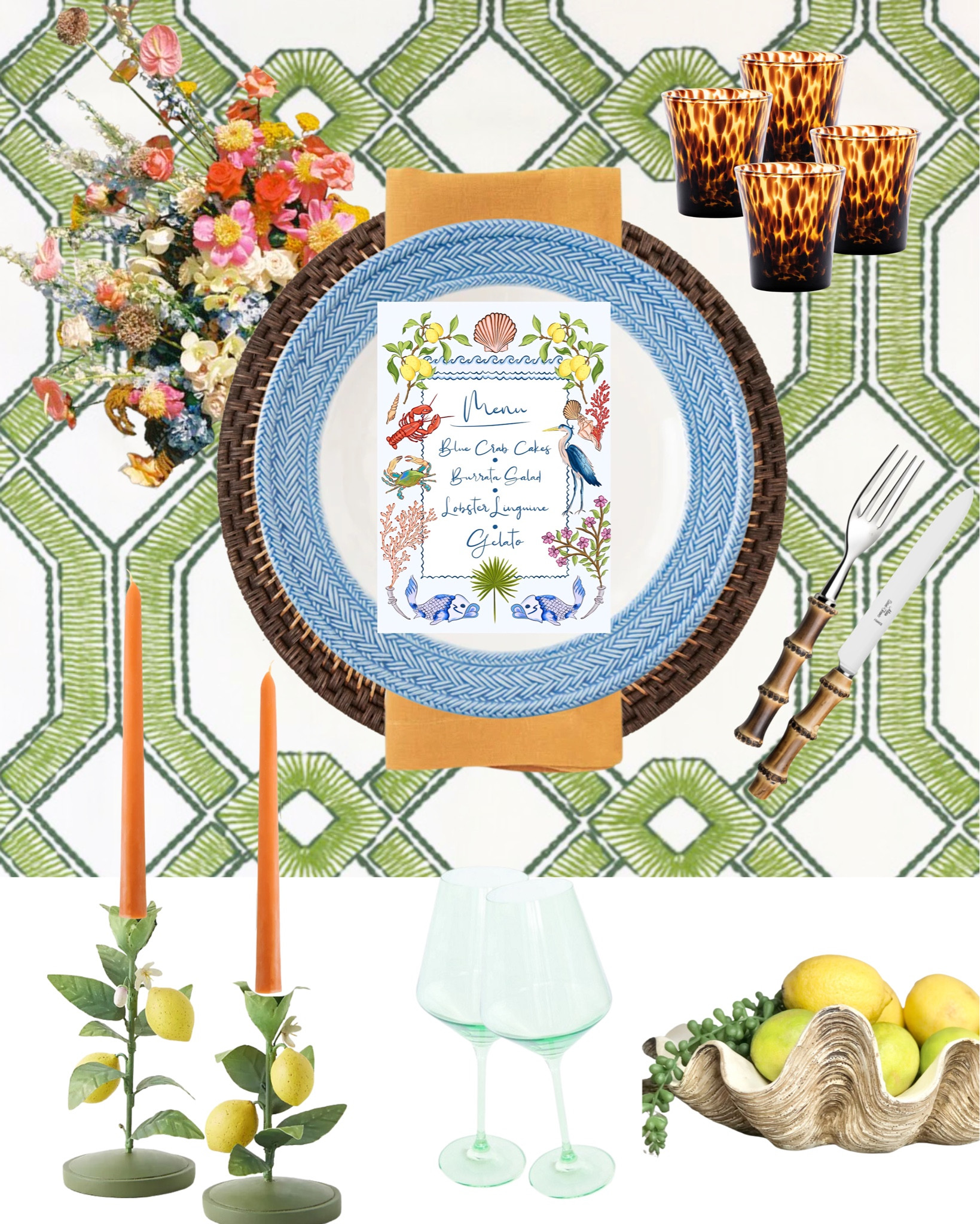 Summer Party Tablescape - Green and white table cloth, blue and white china plates, woven chargers, dark rattan placemats, coastal dining, coastal table, coastal style, shell bowl, mint green wine glasses, tortoiseshell barware 

#LTKFind #LTKunder100 #LTKhome
