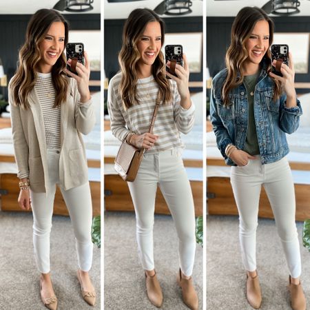 White jeans styling ideas 

Jeans - 2 regular 
Stripe long sleeve - small
Cardigan - small
Stripe sweater - medium 
Green tee - small
Denim jacket - medium 

Code CLOTHEDINGRACEBLOG for 20% off my bag and boots 