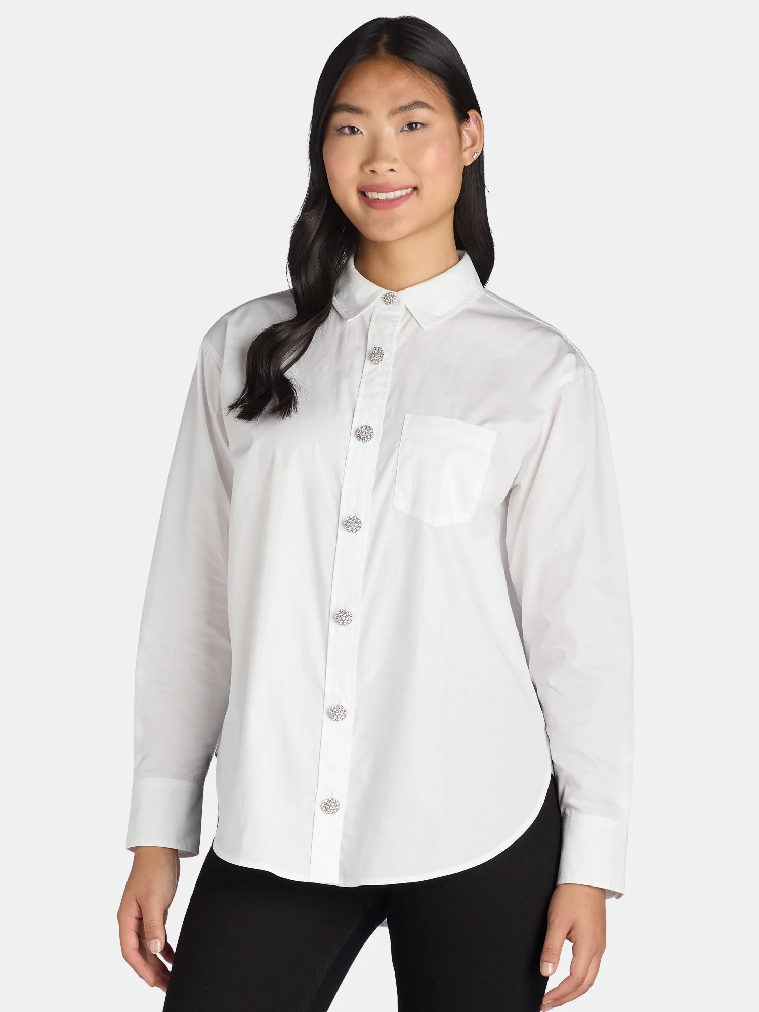 Time and Tru Women's Embellished Shirt with Long Sleeves, S-XXXL | Walmart (US)