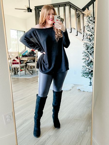 Faux leather leggings from amazon wearing size medium. Knee high boots. Oversized sweater size large. Winter outfit. 

#LTKunder50 #LTKstyletip #LTKSeasonal
