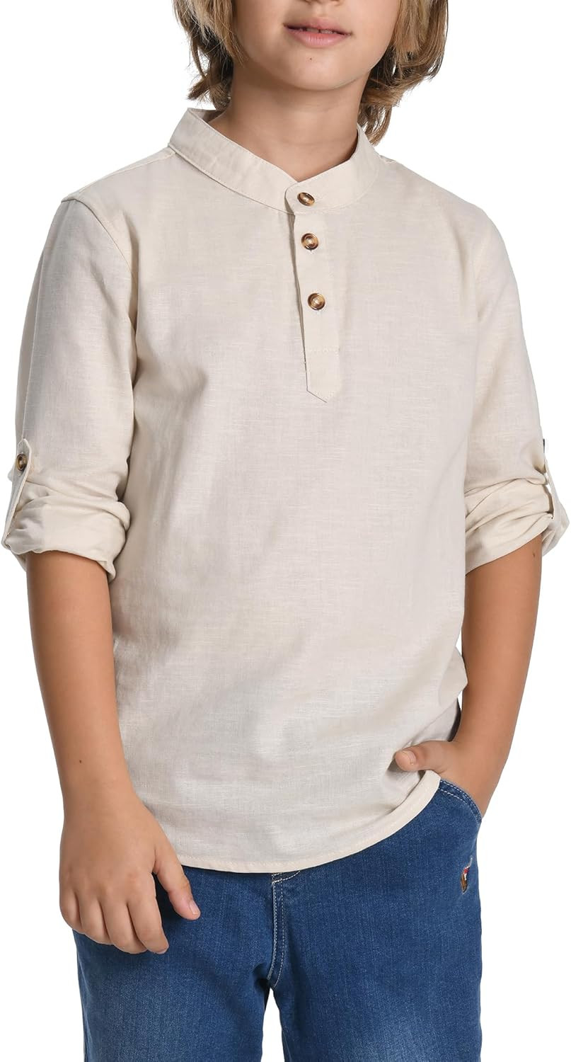HOOGRIN Boys Cotton Linen Henley Shirt Button Down Shirt Long Sleeve T Shirt Beach Shirt Tee Casu... | Amazon (CA)