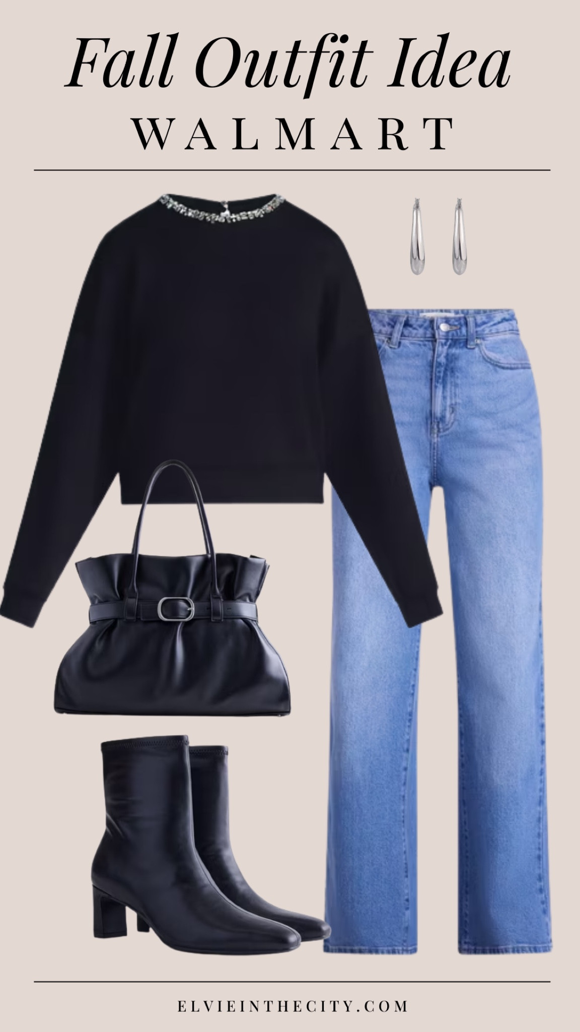Fall outfit idea from Walmart includes a jewel collared sweatshirt, wide leg jeans a black tote, black boots, and silver hoop earrings.

Ootd, fashion over 40, over 50 style, walmart fashion, affordable fashion 

#LTKOver40 #LTKootd