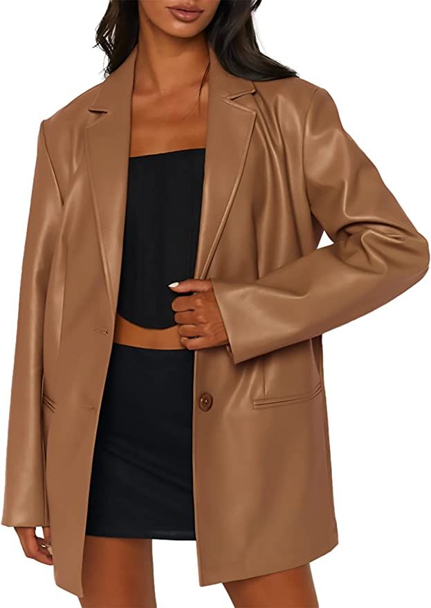 Womens Leather Jacket Long Sleeve Button Down Shacket Jacket Faux PU Leather Blazer Jackets Coat | Amazon (US)