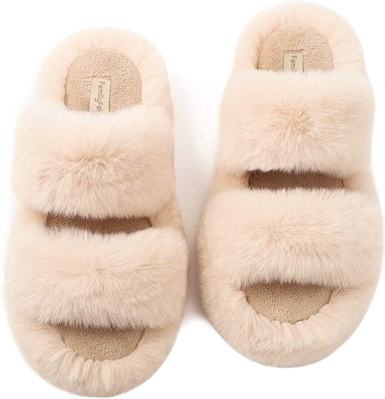 FamilyFairy Fluffy Faux Fur Slippers Comfy Open Toe Two Band Slides with Fleece Lining and Rubber... | Amazon (US)