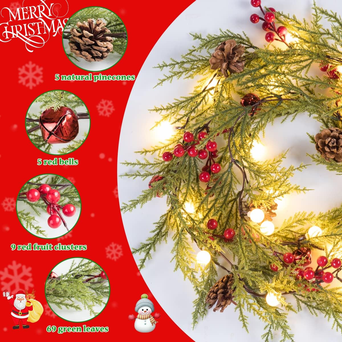 Quntis Christmas Garland with 20 Globe Lights, 2 Pack 5.7FT Artificial Red Berry Garland Christma... | Amazon (US)
