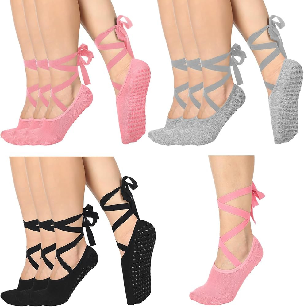 Jeyiour 9 Pack Ballet Tie Socks for Women with Grips Pilates Yoga Non-slip Socks for Dancing Barr... | Amazon (US)