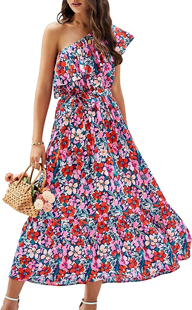 BTFBM Women's One Shoulder Maxi Dress Sleeveless Casual Summer Layered Ruffle Boho Floral Print Part | Amazon (US)