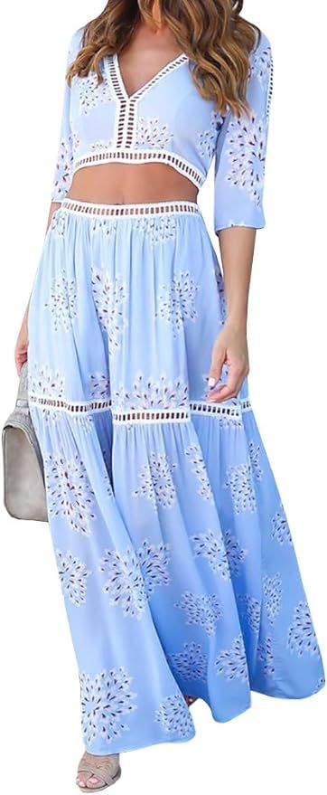 Imily Bela Women's Lace Trim Half Sleeve Tie Top and Maxi Skirt Set Maxi Dress 2 Pieces (Medium, ... | Amazon (US)