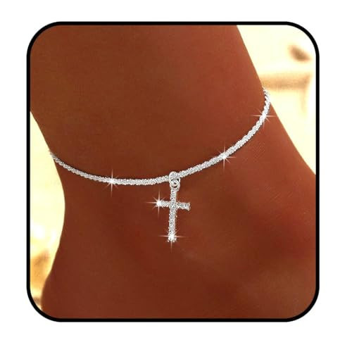 Yalice 14K Gold Ankle Bracelets for Women Layered Anklets 925 Sterling Silver Anklet Set Shiny Waterproof Ankle Chain Cross Beach Foot Jewelry Gifts (Silver+Cross) | Amazon (US)