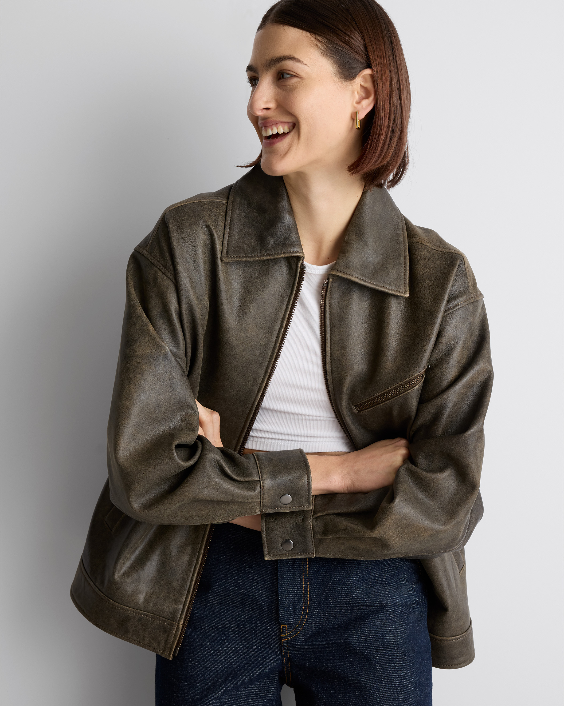 Quince | Women's Oversized Bomber Jacket in Distressed Brown, Size Large, Leather | Quince