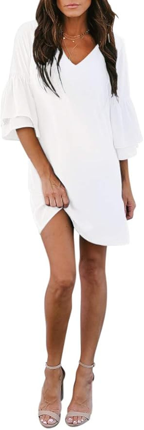 BELONGSCI Women's Dress Sweet & Cute V-Neck Bell Sleeve Shift Dress Mini Dress | Amazon (US)