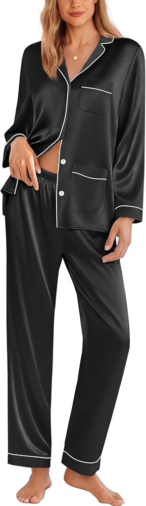 Ekouaer Pajamas for Women Silk Satin Button Down Long Sleeve Pajama Sets | Amazon (US)