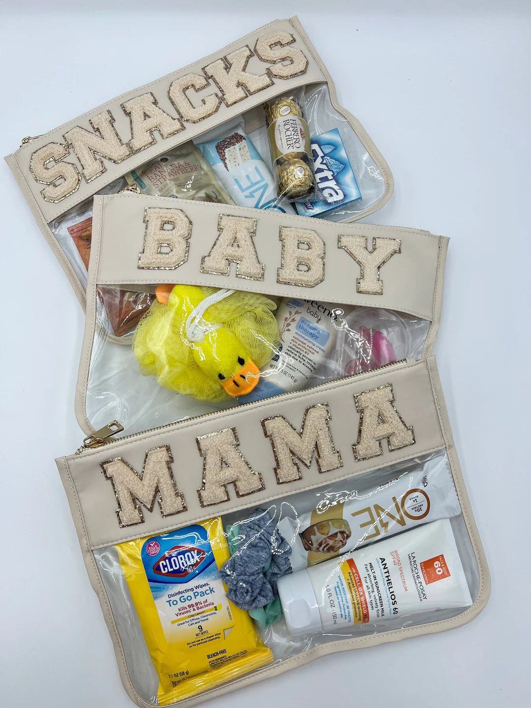 Baby and Mama Clear Pouch with Patches, Baby Shower Gift, Hospital Bag, New mom Gift, Clear Bag f... | Etsy (US)
