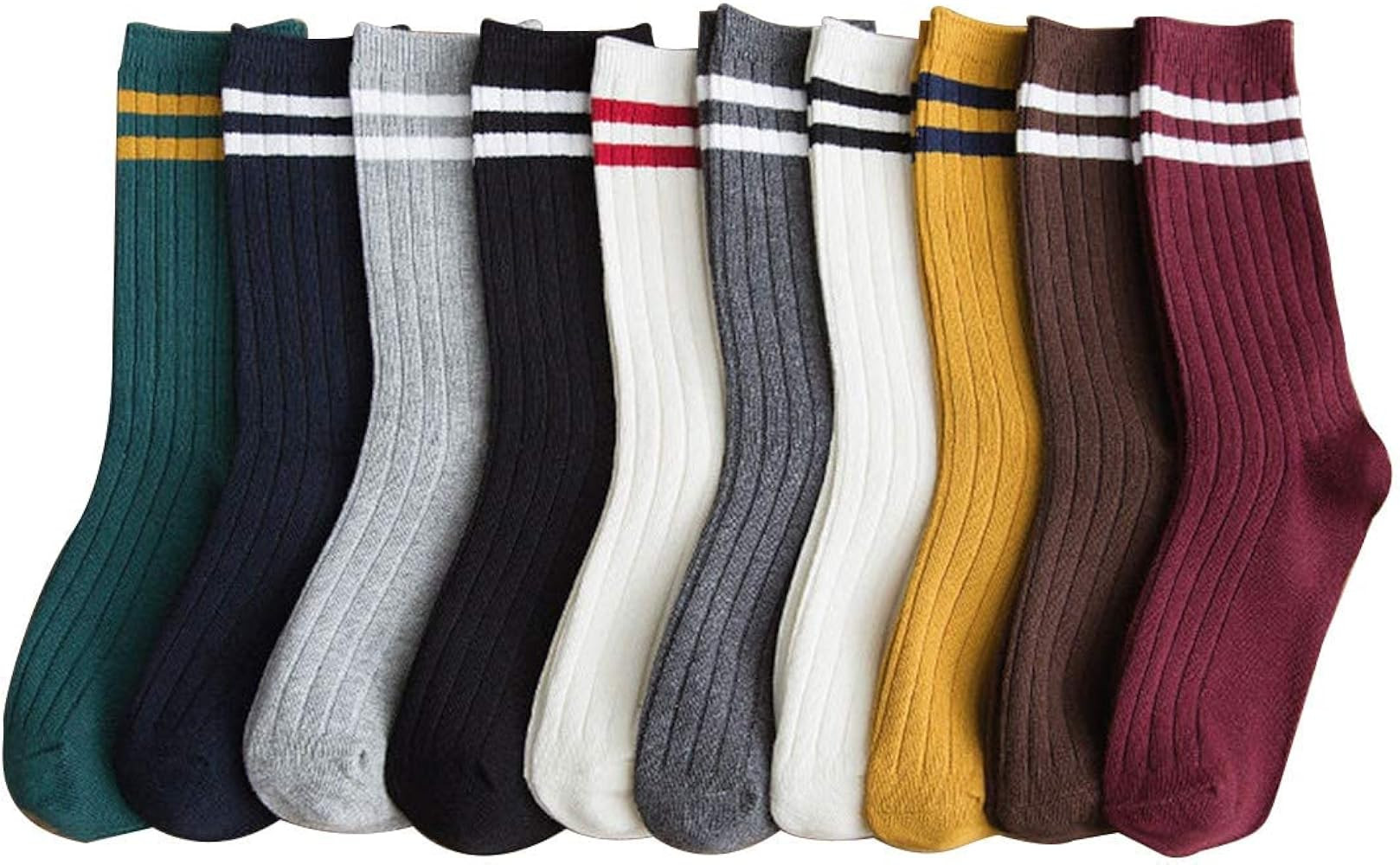Striped Crew Socks 10 Pairs Retro Cute Long Tube Crew Socks for Women | Amazon (US)