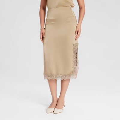 Women's Lace Trim Satin A-Line Skirt - A New Day™ Beige 4X | Target